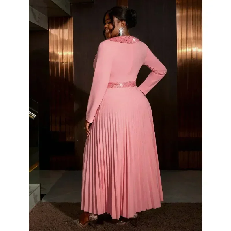 Klassisches rosafarbenes Maxi-Plisseekleid für Damen, unregelmäßiger Glitzer-Ausschnitt, hohe Taille, A-Linien-Kleider, formelle Veranstaltungsanlässe, Kirchenkleider