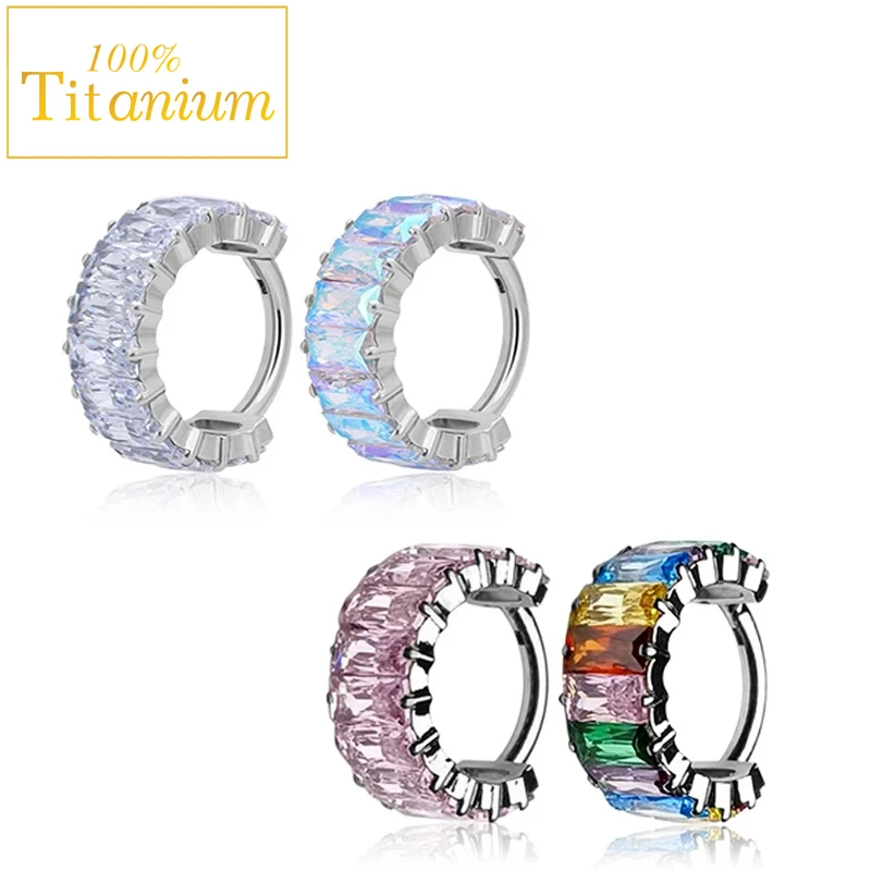 

High-Quality F136 Titanium Rectangle Cubic Zirconia Nose Rings Earrings Hoop Cartilage Tragus Helix Lobe Piercing Hinged Clicker