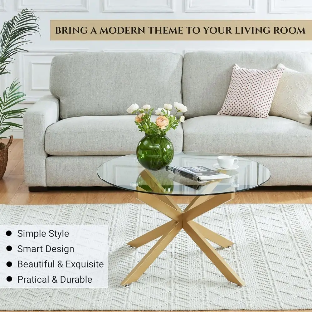 Modern Tempered Glass Coffee Table, 35.5 Wide x 19.7 High, for Living Room & Home Office