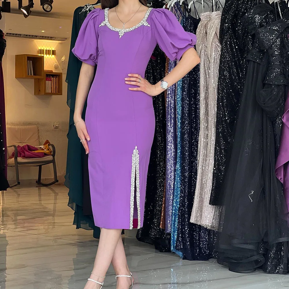 Customized Straight Evening Dresses Tea-length Scoop-neck Half Sleeve Prom Gown Simple Fashion Crystal Side-split Party Gown