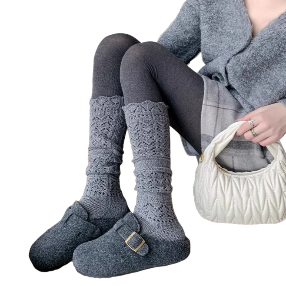 

Trendy Y2K Knitted Foot Cover Hollow Out Warm JK Knee High Socks Solid Color Soft Mid-tube Sock Autumn/Winter