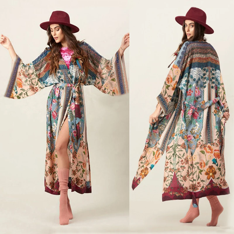 

Women's Fashion Geometry Print Cover ups Tunic Kimono Cardigan Shawl Sun Blocking Clothing Loungewear Floral Pattern Robes