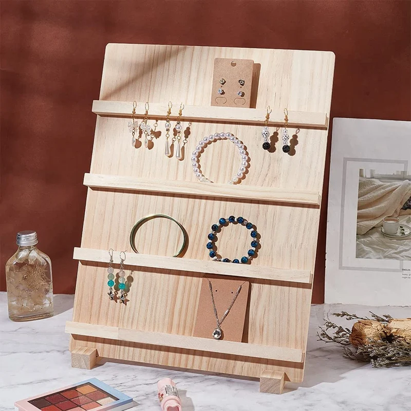 4-Tier Wooden Earring Display Stand,With Slots Rustic Earring Display Card Holder For Showing Exhibition Jewelry Storage