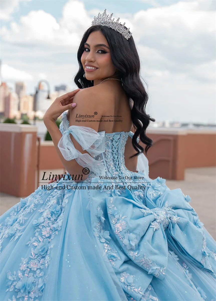 Vestidos de Quinceañera de flores azules cielo dulce con capa, vestido de baile de espagueti, vestido de cumpleaños con cordones, dulce 16 vestidos, Cenicienta de México