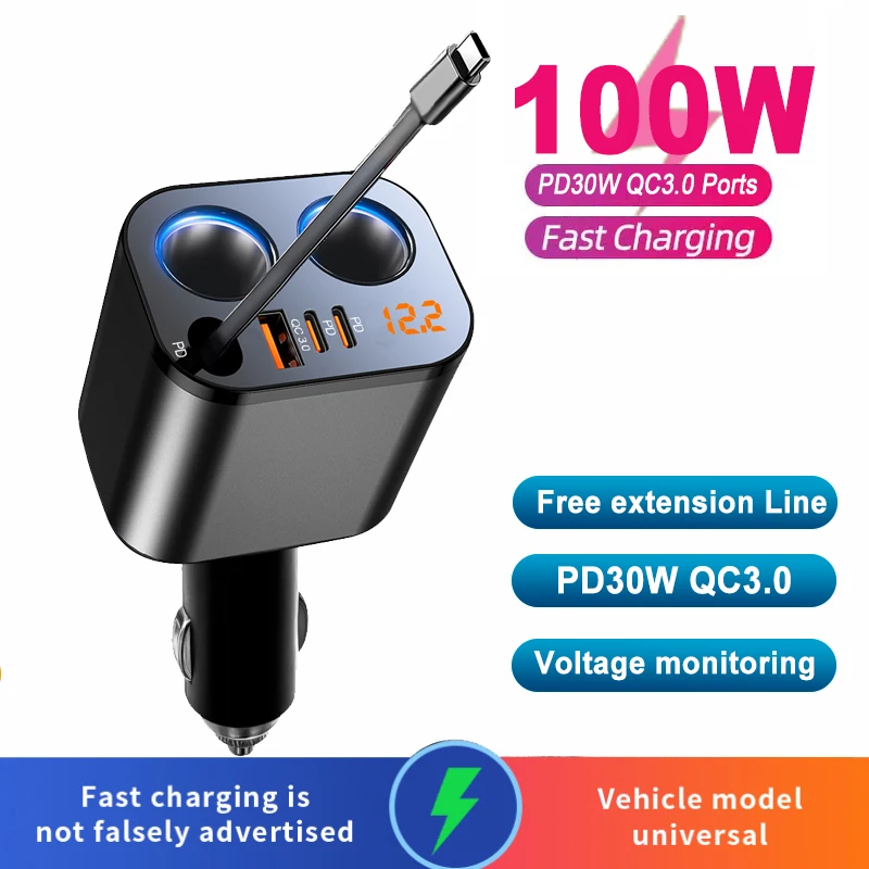 PD30W QC3.0 Auto-Ladegerät 100W Auto-Zigarettenanzünder-Splitter 12V 24V Schnellladegerät Stecker Telefon-Netzteil für iPhone 16 Samsung