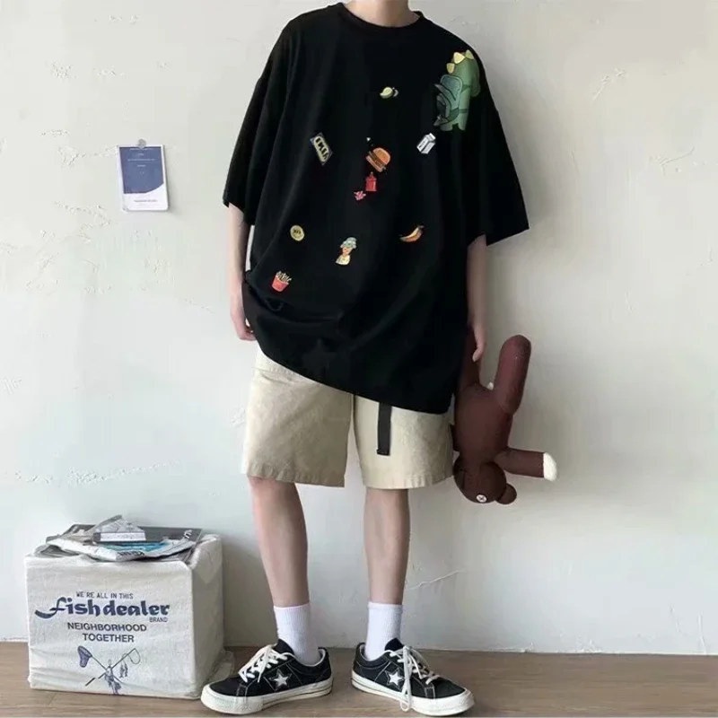 M-8XL Men Oversized Korean Fashion Loose American Cute Dinosaur Print Versatile Trend Couple Outfit