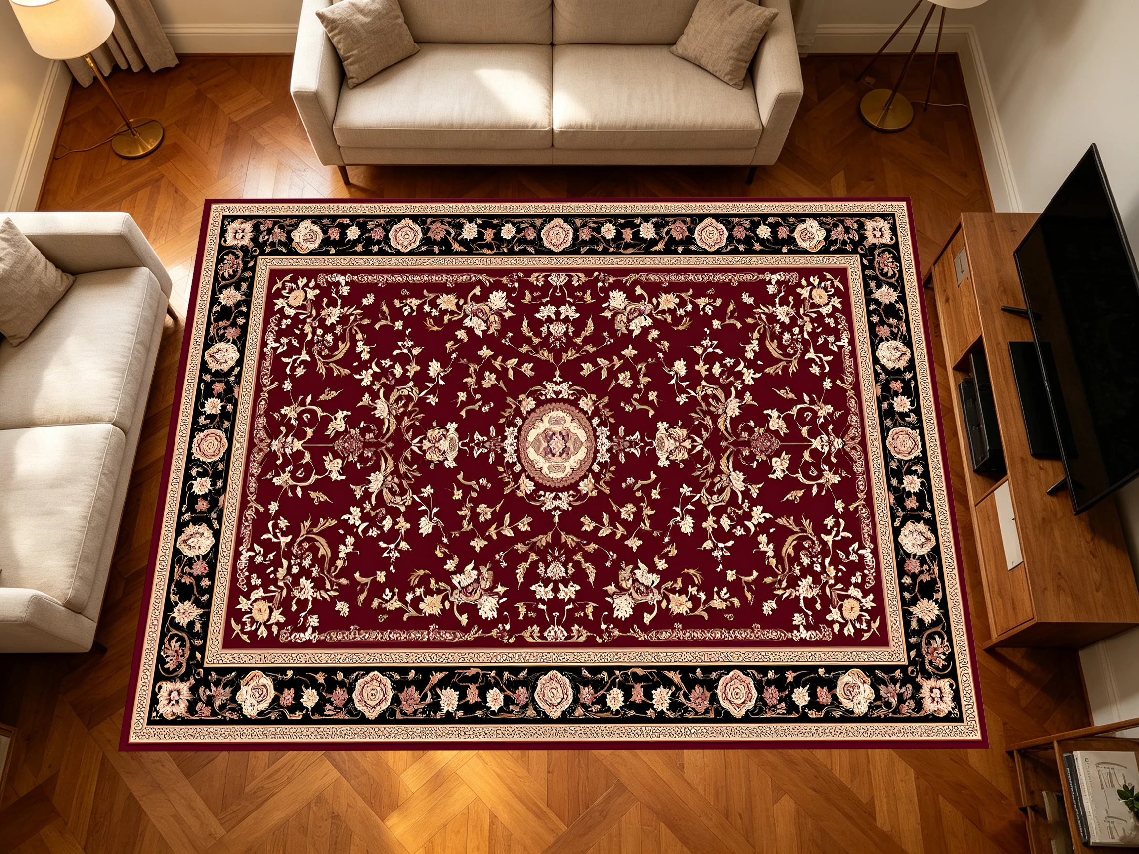 2D Carpet with Red Persian Rosette Vine Pattern in European Retro Style for Living Room and Bedroom