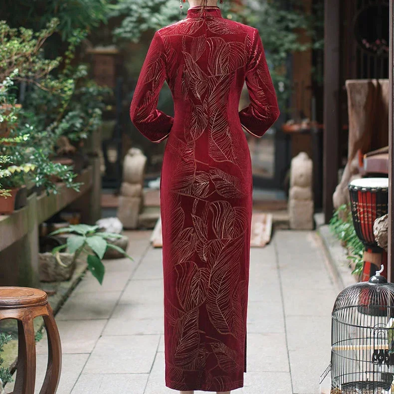 

Velour Chinese Dress Women Long Qipao Elegant Cheongsams Oversize 3Xl 4Xl 5Xl Vestidos Femme Mujer Print Robe Sexy Qipaos