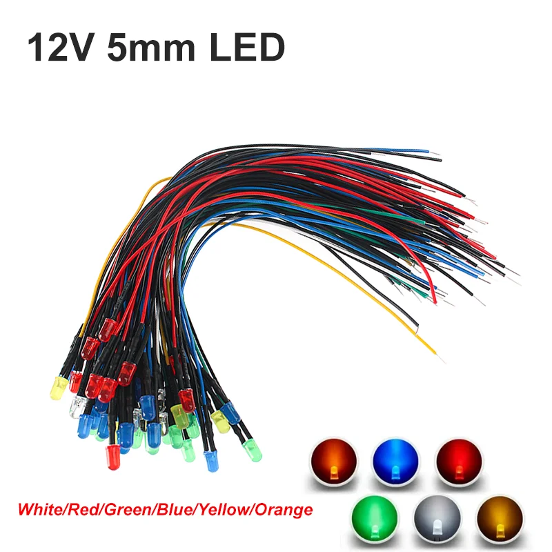 20-50PCS 12V 5mm LED Diode 20cm Pre Wired 6Colors White Red Green Blue Yellow Orange LED Light Emitting Indicator Assortment Kit