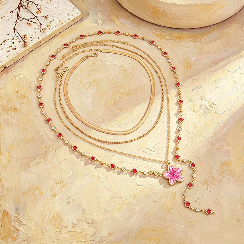 Vintage Rosa Kristallblumen-Anhänger Halskette für Frauen Sexy Stil Mehrschichtige Schlüsselbeinkette Charms Party Schmuck Geschenke – Detail 6
