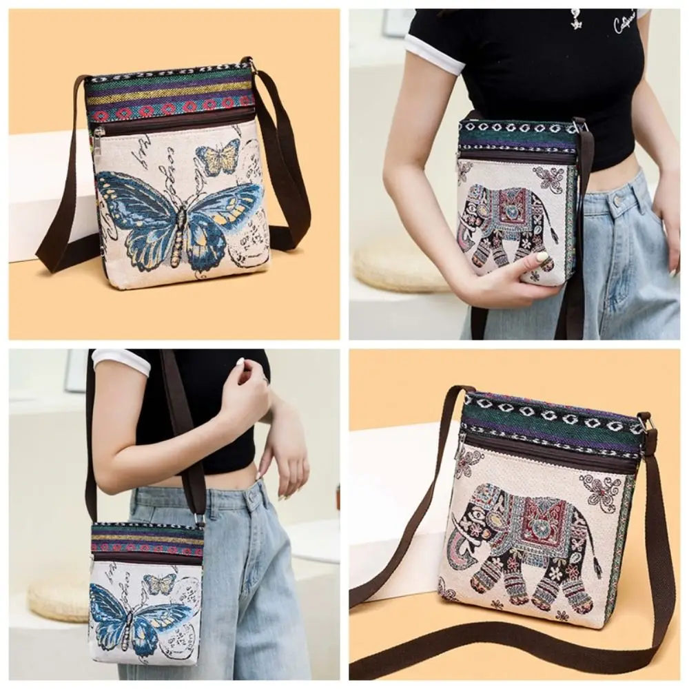 1 PCS Vintage Cloth Shoulder Pouch Creative Embroidery Crossbody Bag Cute Animal Pattern Storage Bag