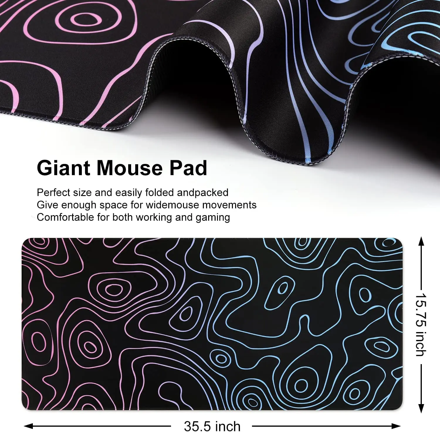 Contour Line Black Large Gaming Mouse Pad Non-Slip Rubber Base Computer Keyboard Extended Full Desk Pad with Stitched Edges