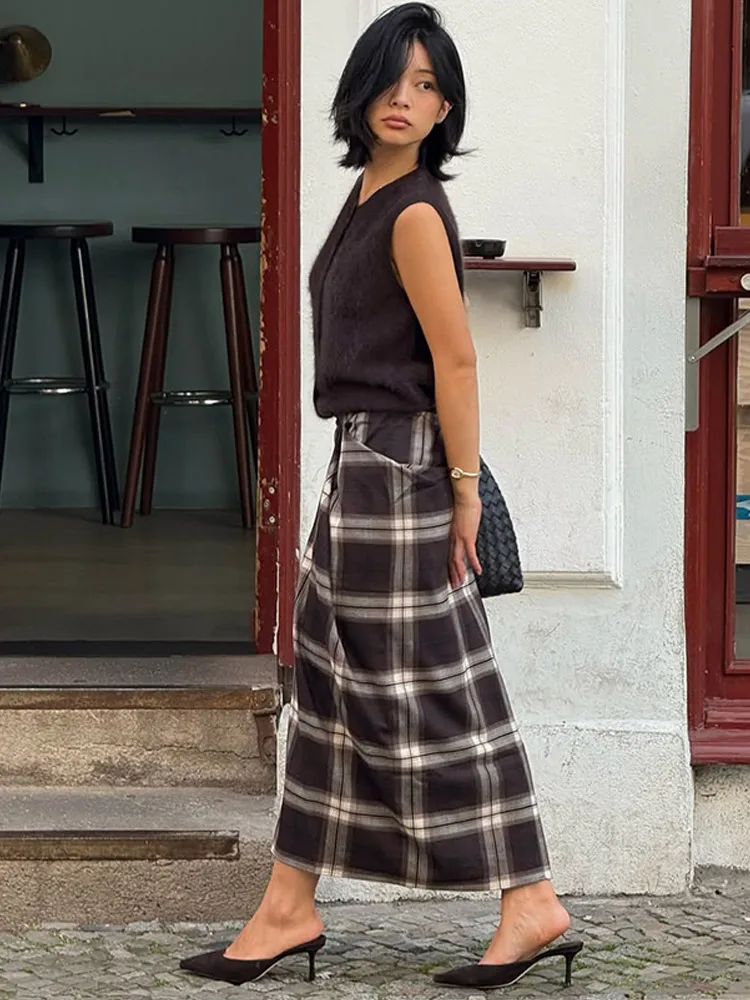 Frauen Karierten Midi Rock Mode Hohe Taille Gefaltete Unregelmäßige Schlanke Mittlere Länge Rock Casual Täglichen Pendeln Streetwear Outfit