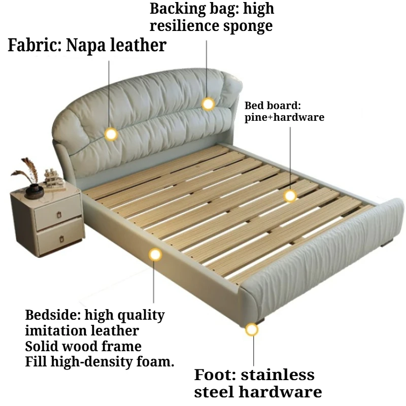 Modern Curved Bed Napa Leather Frame Headboard Queen King Size Double Bed Luxury High-end Soft Package Master Bedroom Furniture