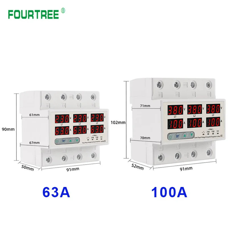 3 Phase 63A 100A Din Rail Voltmeter Ammeter Adjustable Over and Under Voltage Current Limit Protector Monitor Relays Protection