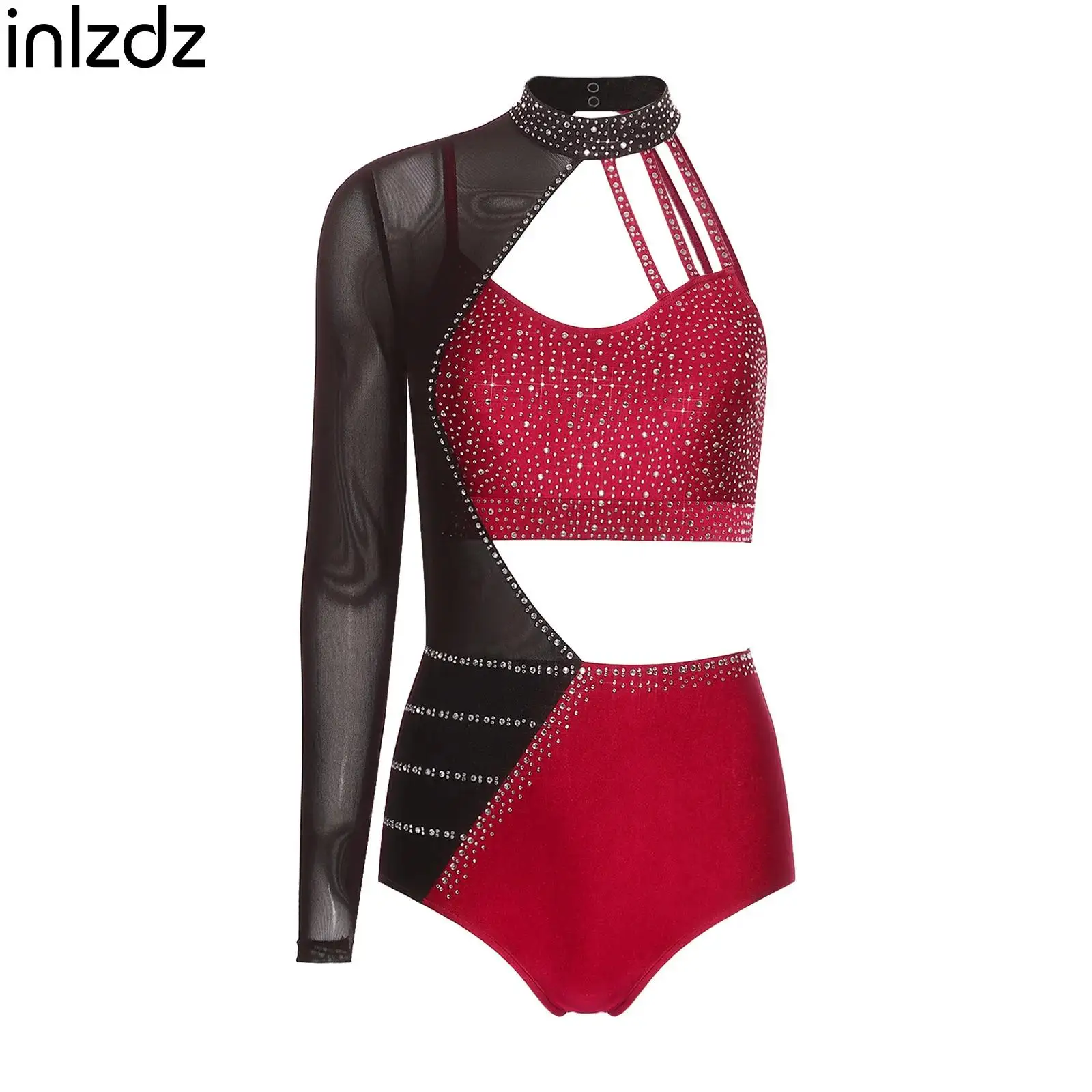 

Womens One Sleeve Gymnastics Leotard Rhinestone Asymmetrical Bodysuit for Tango Ballet Latin Dance Party Performance Competition