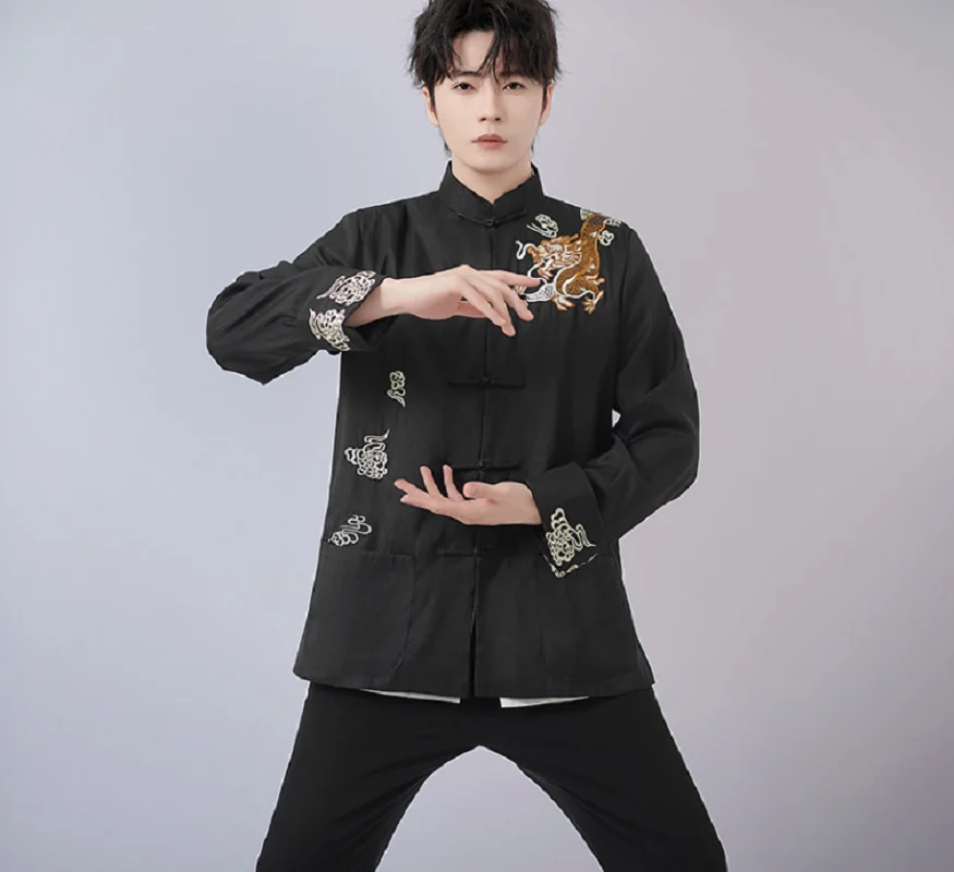 

2025 New Chinese Style Embroidered Dragon Tang Jacket Men's Spring Autumn Long Sleeve Satin Shirt Tai Chi Kung Fu Coat S-XXXL
