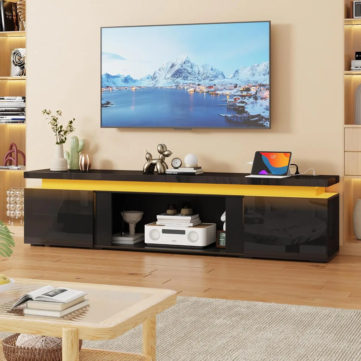 83 Inch LED TV Stand with Power Outlet, High Gloss Entertainment Center with Storage for Living Room, Black, Customized