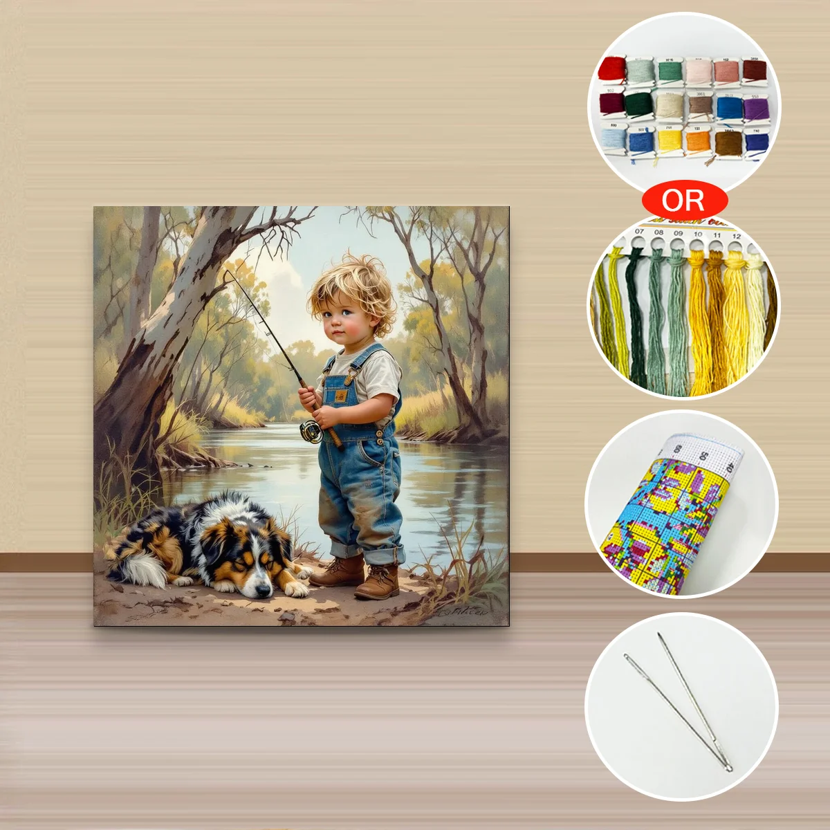 1 Stück 30x30 cm/11,8 Zoll, 11Ct/14Ct Kreuzstich-Set, DIY Valentinstagsgeschenk, Stickerei-Set für Festlichkeiten, Anglerjunge mit Hund – Detail 3