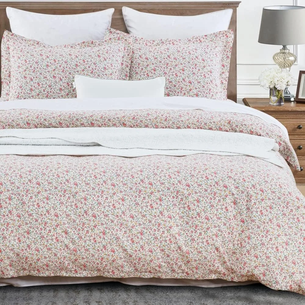 

California King Size 104x96 Cotton Duvet Cover Set with Farmhouse Ditsy Floral Pink Pattern