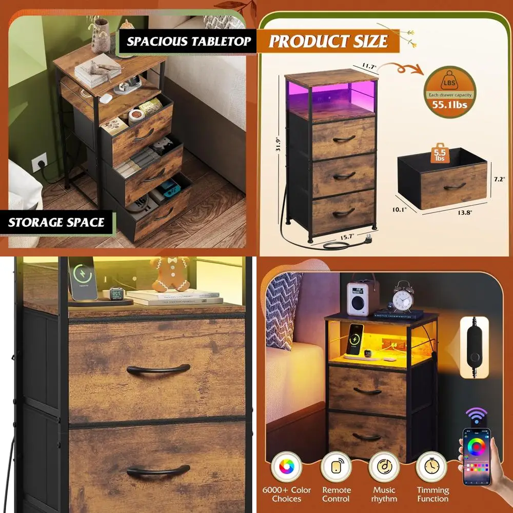 

Тумбочка для зарядной станции, высота 31,9, ткань с 3 ящиками, светодиодная подсветка, USB и розетка, коричневый в деревенском стиле