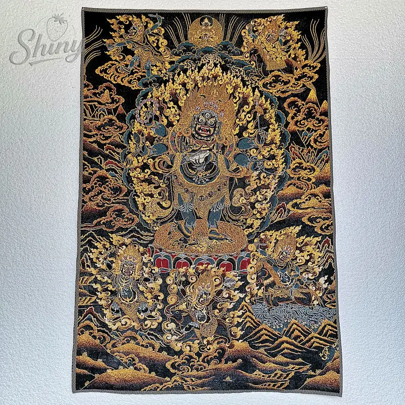 

35.4″ Six-Armed Black Mahakala Brocade Tibetan Tangka Embroidery Painting Gold Thread Embroidery Decorative Hanging Pictures