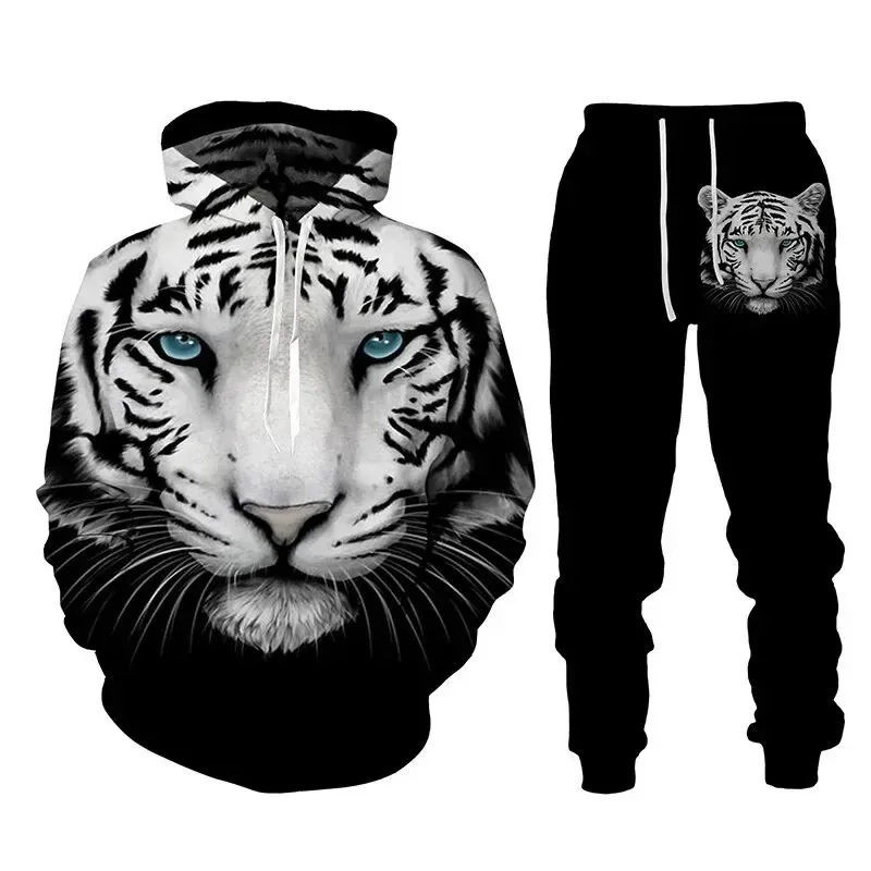 Set hoodie pria, kaus hoodie hewan harimau, celana olahraga bercetak dua potong, Set pakaian mode musim gugur untuk pria