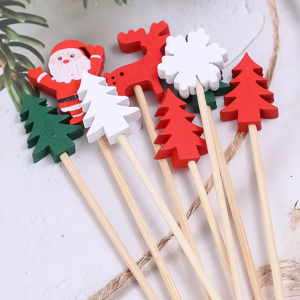 200/50PCS Christmas Skewer Buffet Fruit Food Disposable Bamboo Skewer Santa Claus Cocktail Picks Cupcake Topper Xmas Party Decor