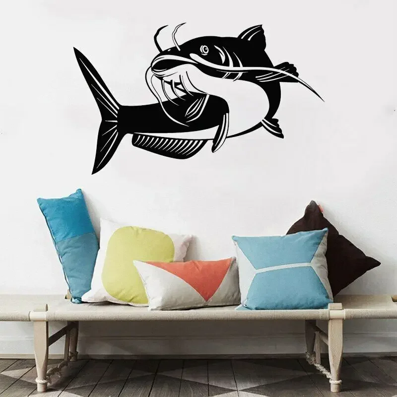 Adesivos de parede de peixe-gato, mural de janela de clube de pesca, peixe baixo, decalque de parede de vinil, hobby grande o276