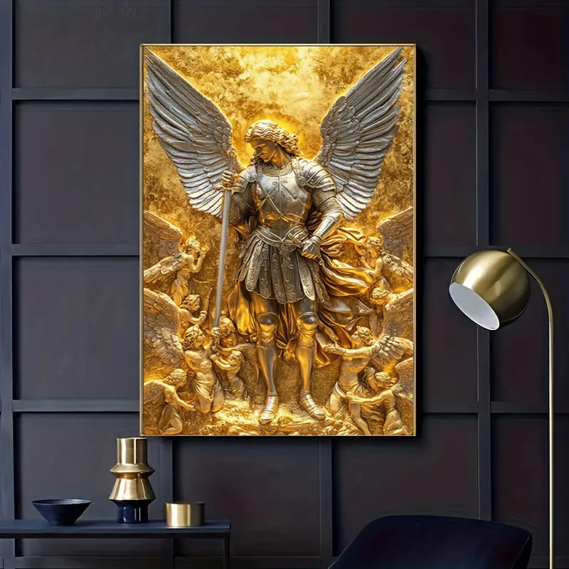 WJWANG Erzengel Michael Gold Engel Statue Wandkunst Leinwand Poster und Drucke Wandbild Leinwanddrucke für Wohnzimmer Home Decor