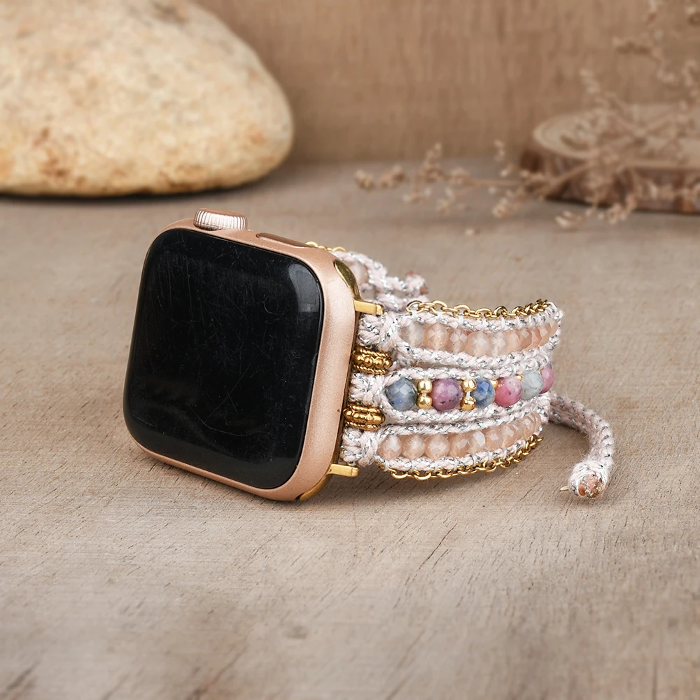 

Fashion Apple Watch Band Handmade Natural Sunstone Beaded Bracelet Strap Gemstone Beads Watch Strap for Apple Watch 38-45mm