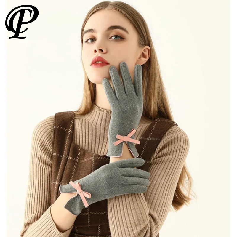 

Women's Winter Gloves Thickened Soft Velvet Fleece Warm Touch screen Anti Cold Electric Bike luvas Riding Fashion Bow Gloves