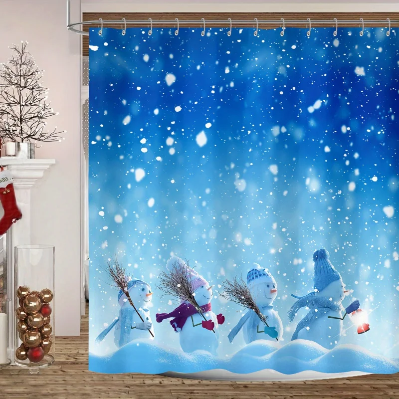 1pc Blue Christmas , Pure Polyester Waterproof Fabric Shower Curtain, with 12 Plastic Hooks, 72*72Inch