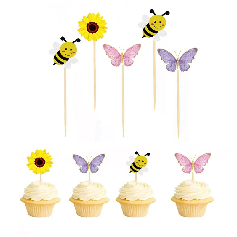 

10Pcs Pink Purple Butterfly Cupcake Toppers Bee Baby Shower Cupcake Food Picks Decor for Butterfly Theme Wedding Party