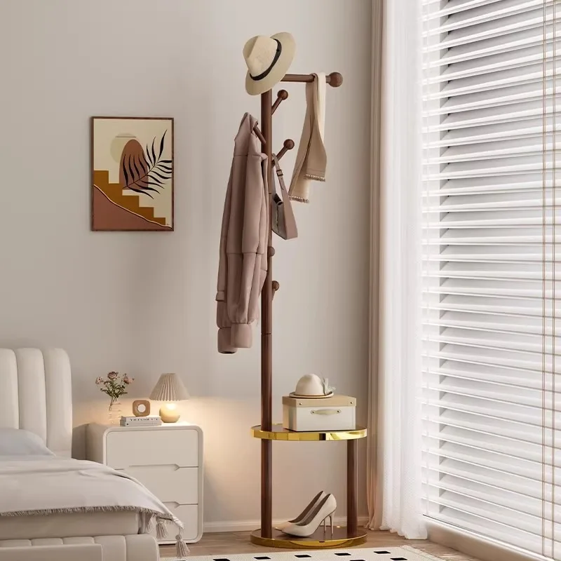 Solid Wood Coat Rack Floor Stand, Mobile Clothes Hanger with Bag Hooks, Chinese Style Movable Storage Unit for Entryway