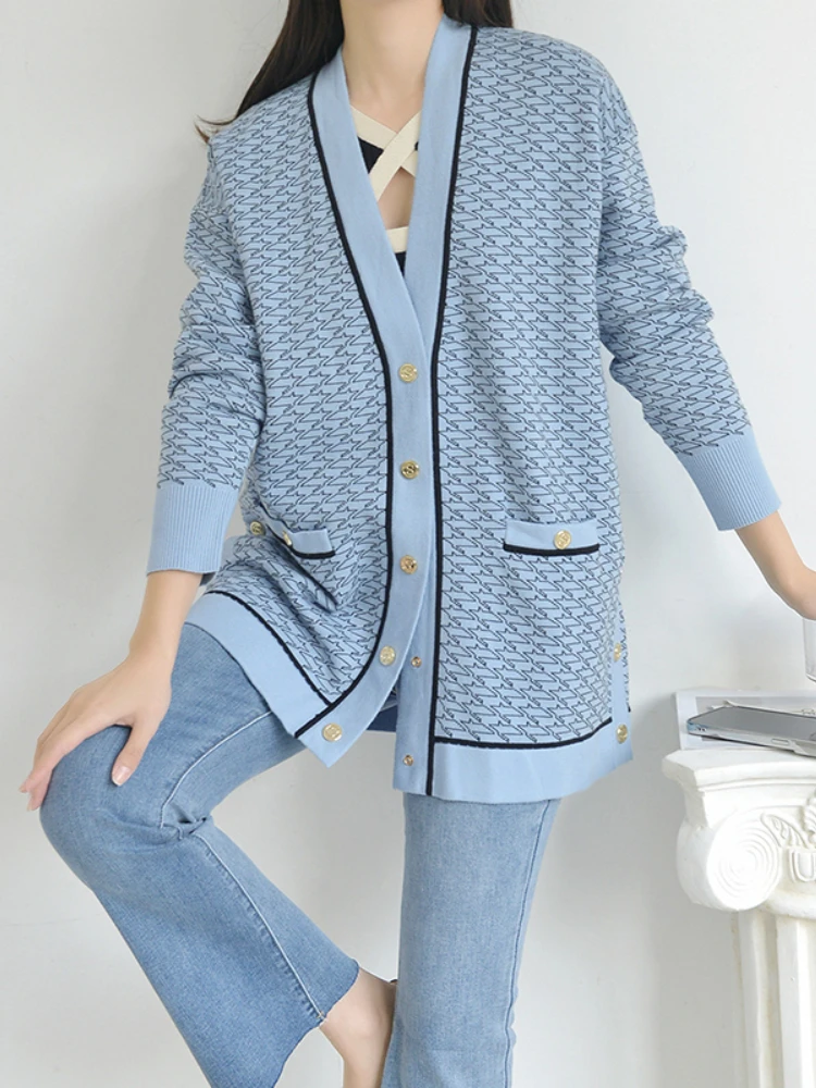 French Elegant Mid-Length Knitted Cardigan Women 23 Spring Autumn New Loose Contrast Color Jacquard V-Neck Striped Sweater Coat