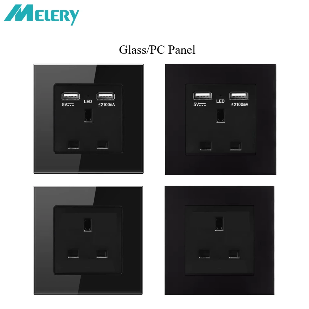 

Настенная розетка Melery UK USB TypeC, черная панель GS/PC, электрическая розетка, квадратная розетка Schuko для дома, офиса, кухни