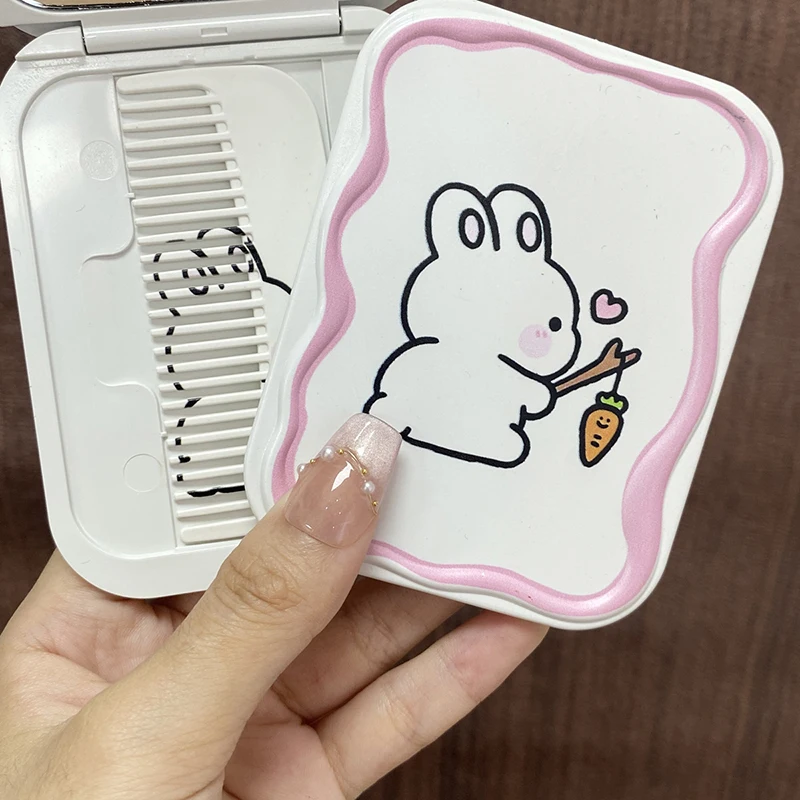 Cartoon Cute Rabbit Folding Clamshell Mirror Makeup Mirror With Comb Portable Creative For Women Girls Handheld Mirror