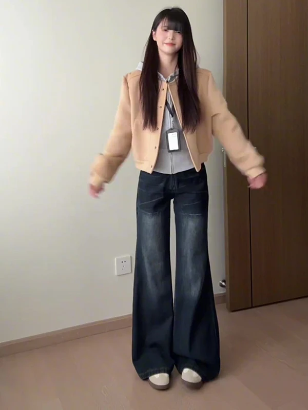 

Американские винтажные джинсовые брюки с заниженной талией, женские свободные прямые широкие брюки с низкой талией, осень 2025, Новое поступление