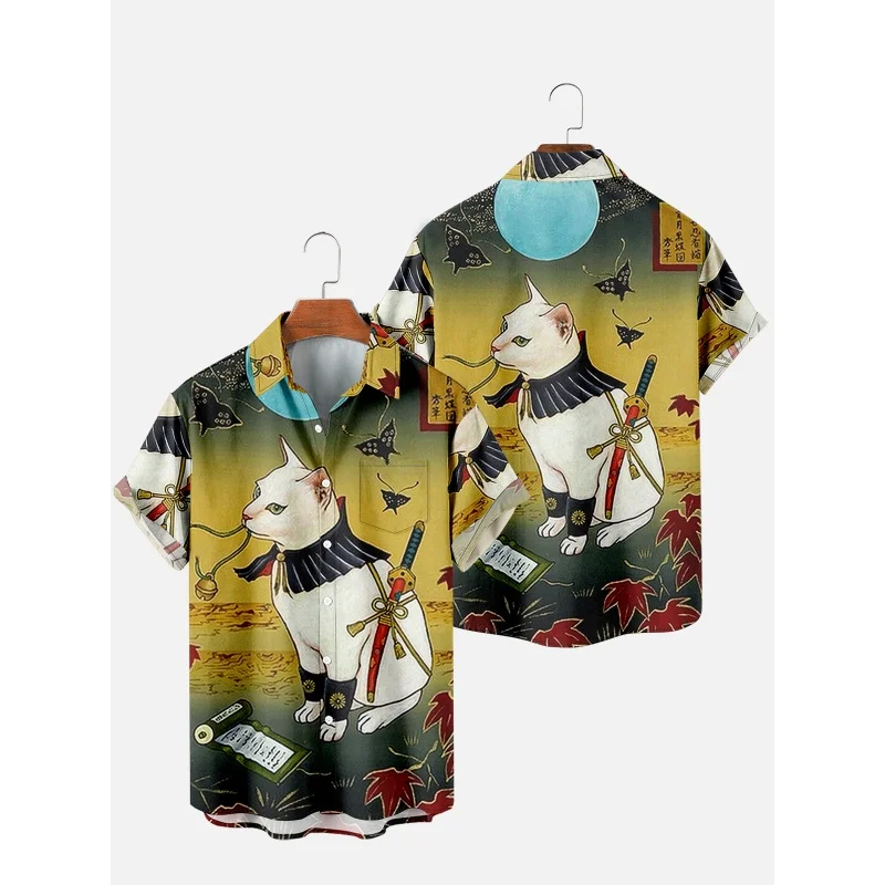 Japanese Cat Graphic Beach Shirt For Men Mountain Waves 3D Printed Hawaiian Shirts Summer Vacation Loose Short Sleeve Blouse