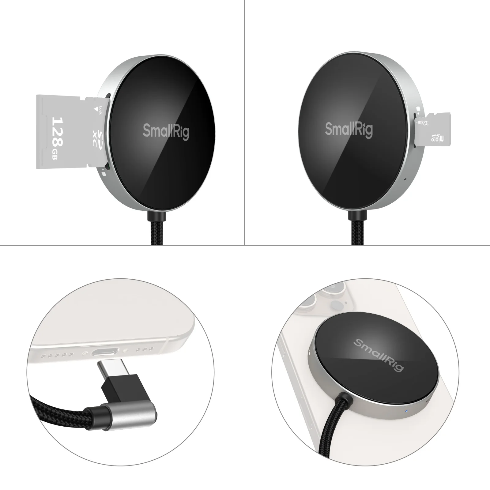SmallRig SD3.0 / SD4.0 메모리 카드 리더기는 전화 컴퓨터용 SD, SDHC, SDXC, TF, Micro SD, Micro SDXC 및 Micro SDHC를 지원합니다.