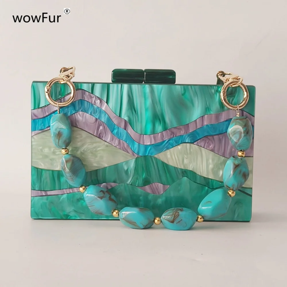 Green Marble Wave Shape Resin Beaded Handle Acrylic Box Clutches Women Shoulder Tote Evening Party Cheap Handbag And Purse Bags