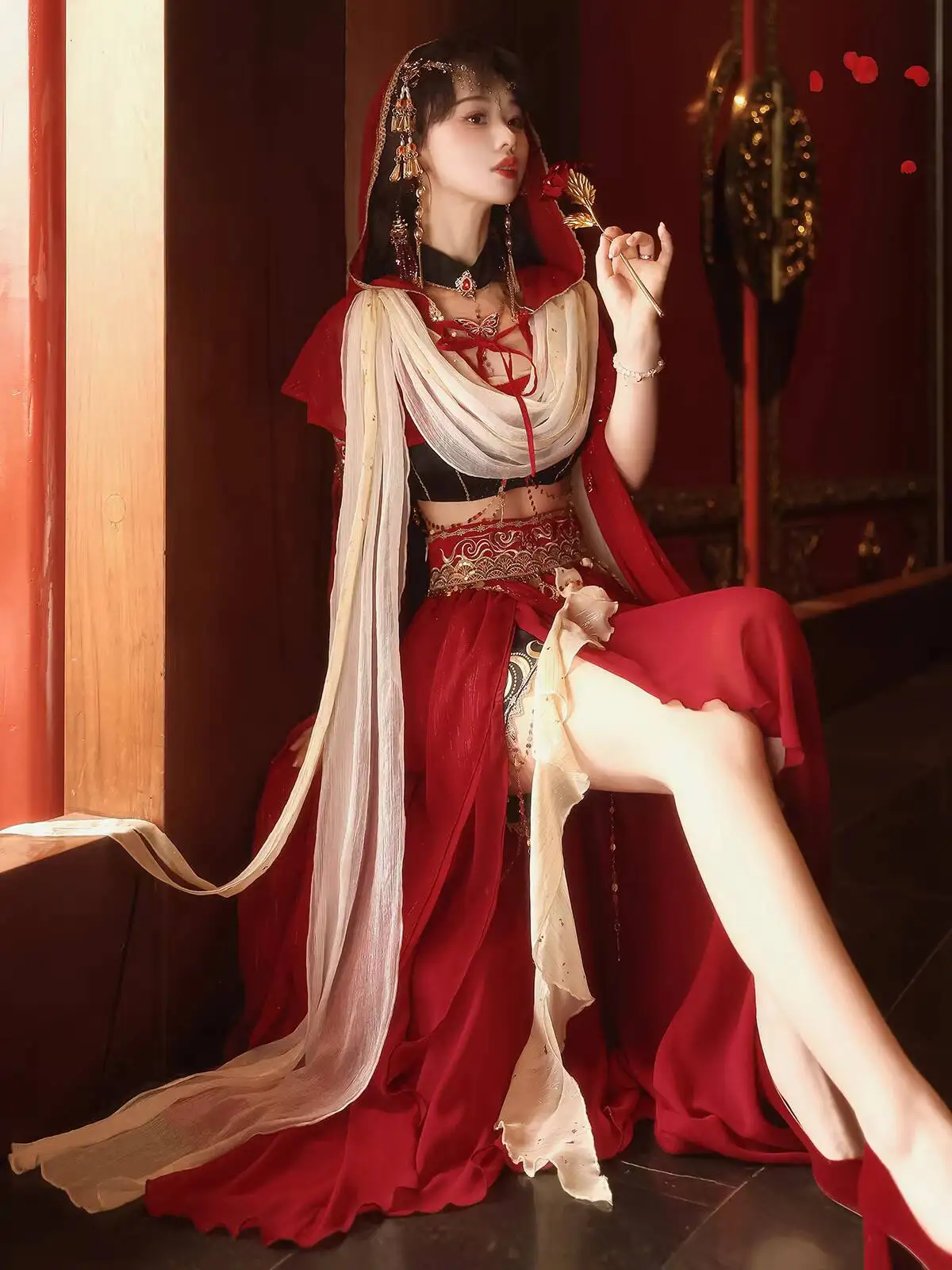 

Original authentic red Chinese style Lolita dress Dunhuang flying exotica elegant retro style cape cosplay party suit