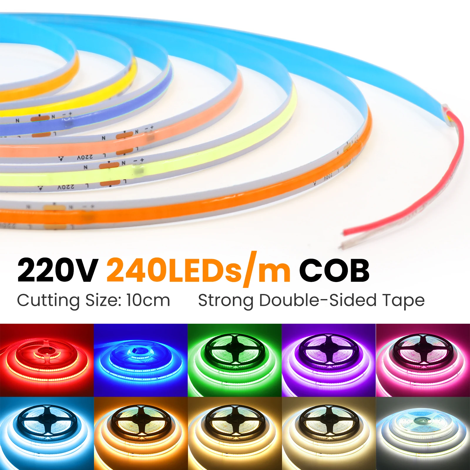 230V COB Strip LED Tape Light 5M 10M 20M 50M 220V 240V Self-Adhesive 240LEDs/M IP20 No Need Driver Ribbon Lamp 3000K 4000K 6000K