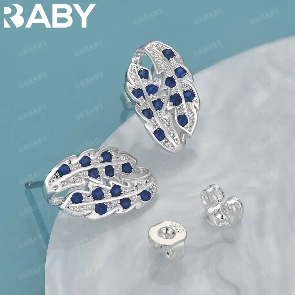 

URBABY 925 Sterling Silver Blue Zircon Feather Stud Earrings Fashion Jewelry Charm Grace Wedding Accessories