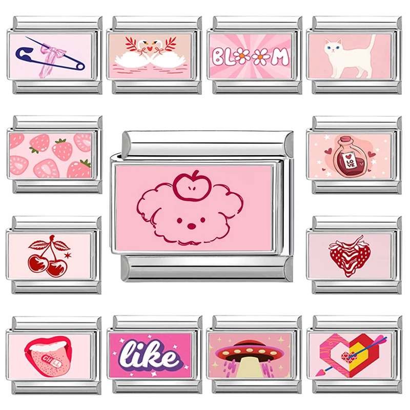 Novo y2k rosa filhote de cachorro gato coração como cereja italiano charme link caber 9mm jóias de aço inoxidável diy fazendo pulseiras femininas presentes