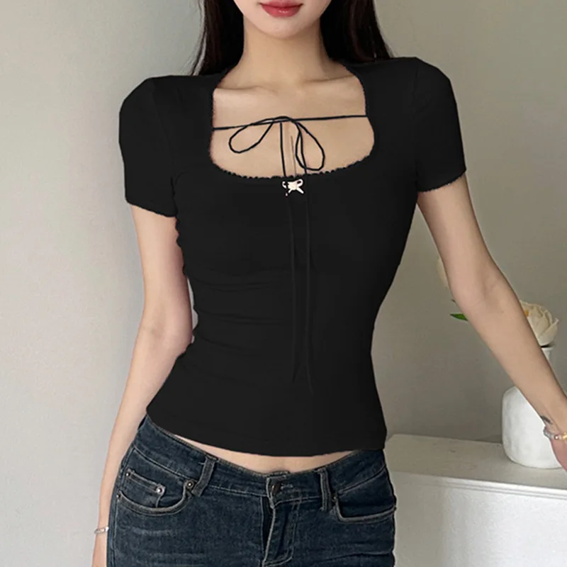 Knitted Sweet Slim Square Collar Short Sleeeve Tees Women 2024 Cute Solid Bandage T Shirt Summer Fashion Streetwear Lady