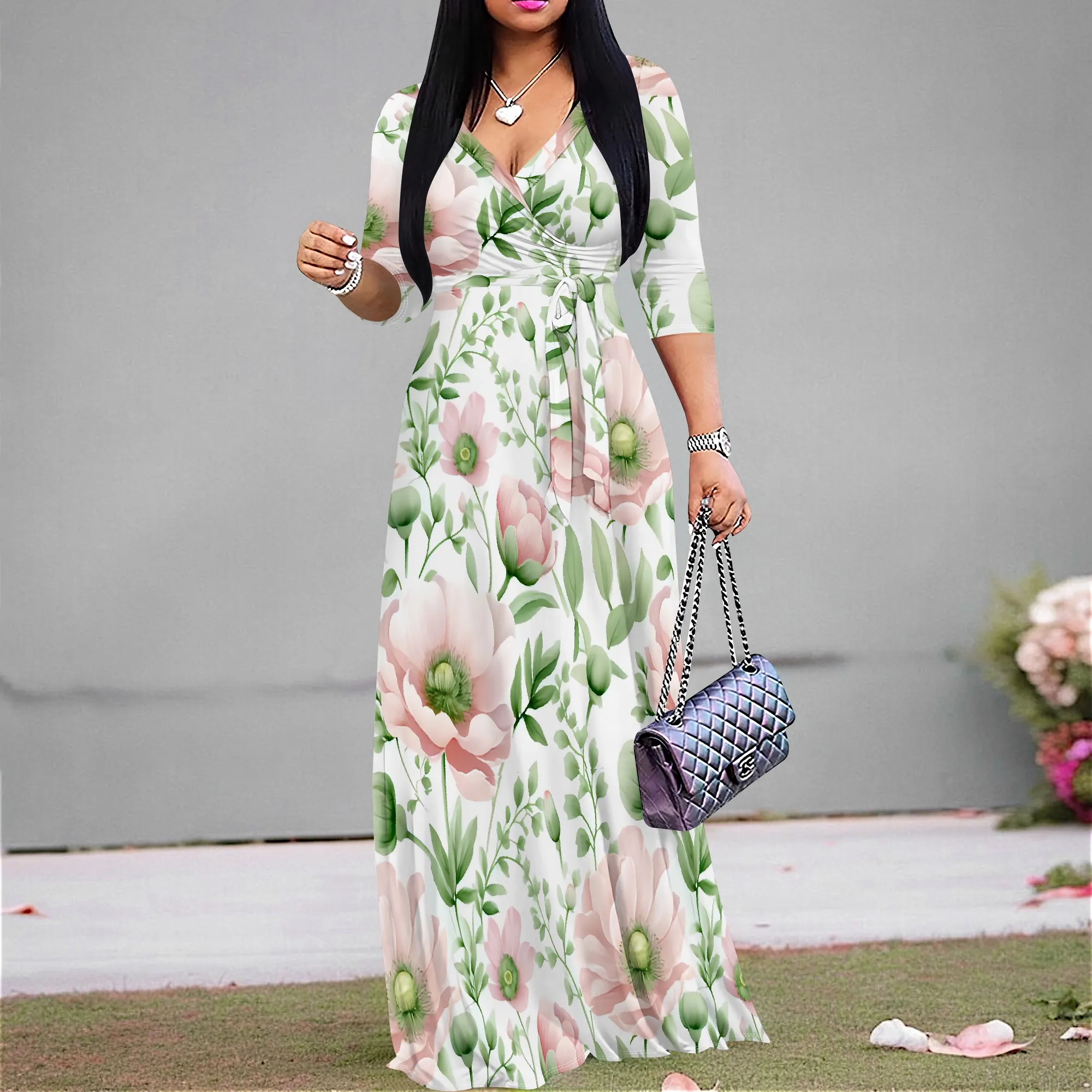 

Women's Watercolor Floral Print Maxi Dresses Casual 3 4 Sleeve V-Neck Wrap Tie Waist Long Dress