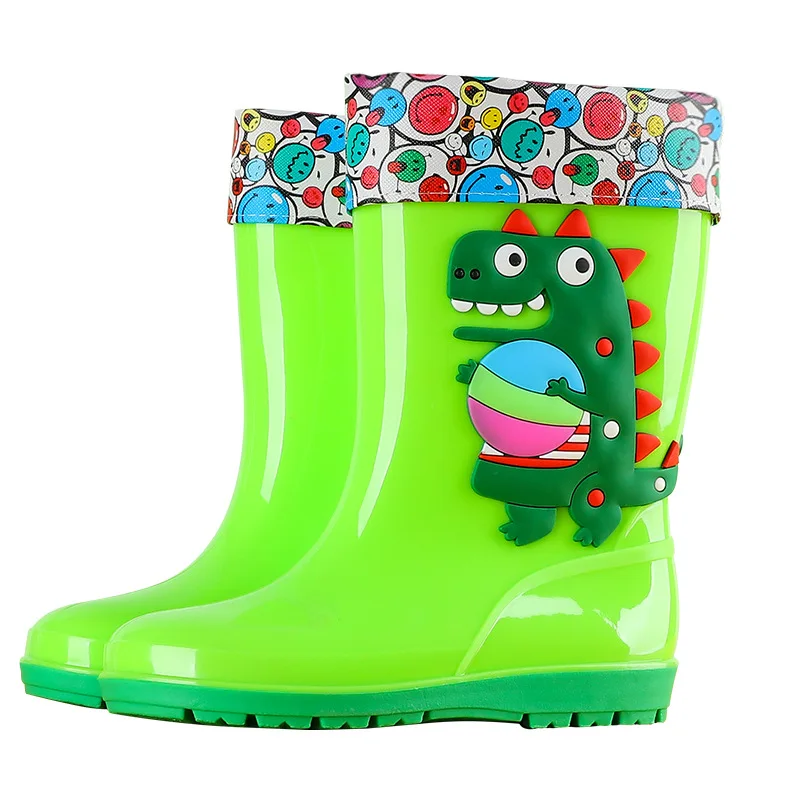 

All-Season Kids Cartoon Dinosaur Cotton-Lined Rain Boots - Non-Slip Mid-Calf Rubber Shoes for Boys and Girls Warm Rain Boots