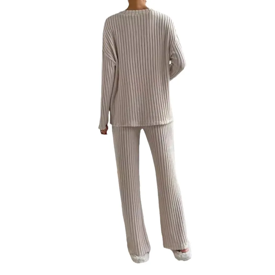 Two-piece Set Women Autumn New Fashion Casual Straight-leg Pants Temperament Loose V-neck Pit Strip Knitted Cover